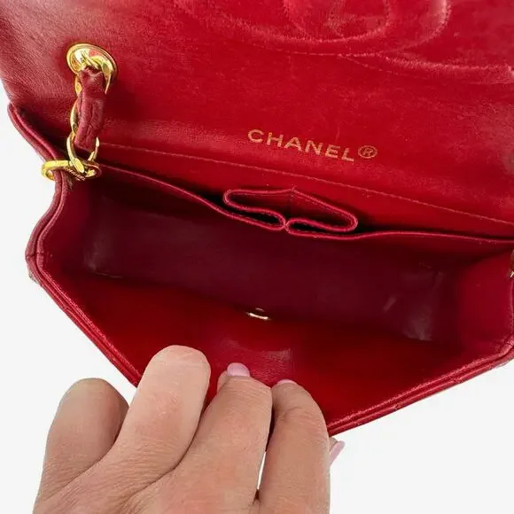 Vintage Red Chanel Lambskin Leather Small Single Flap with 24k gold-plated HW - Picture 6 of 15